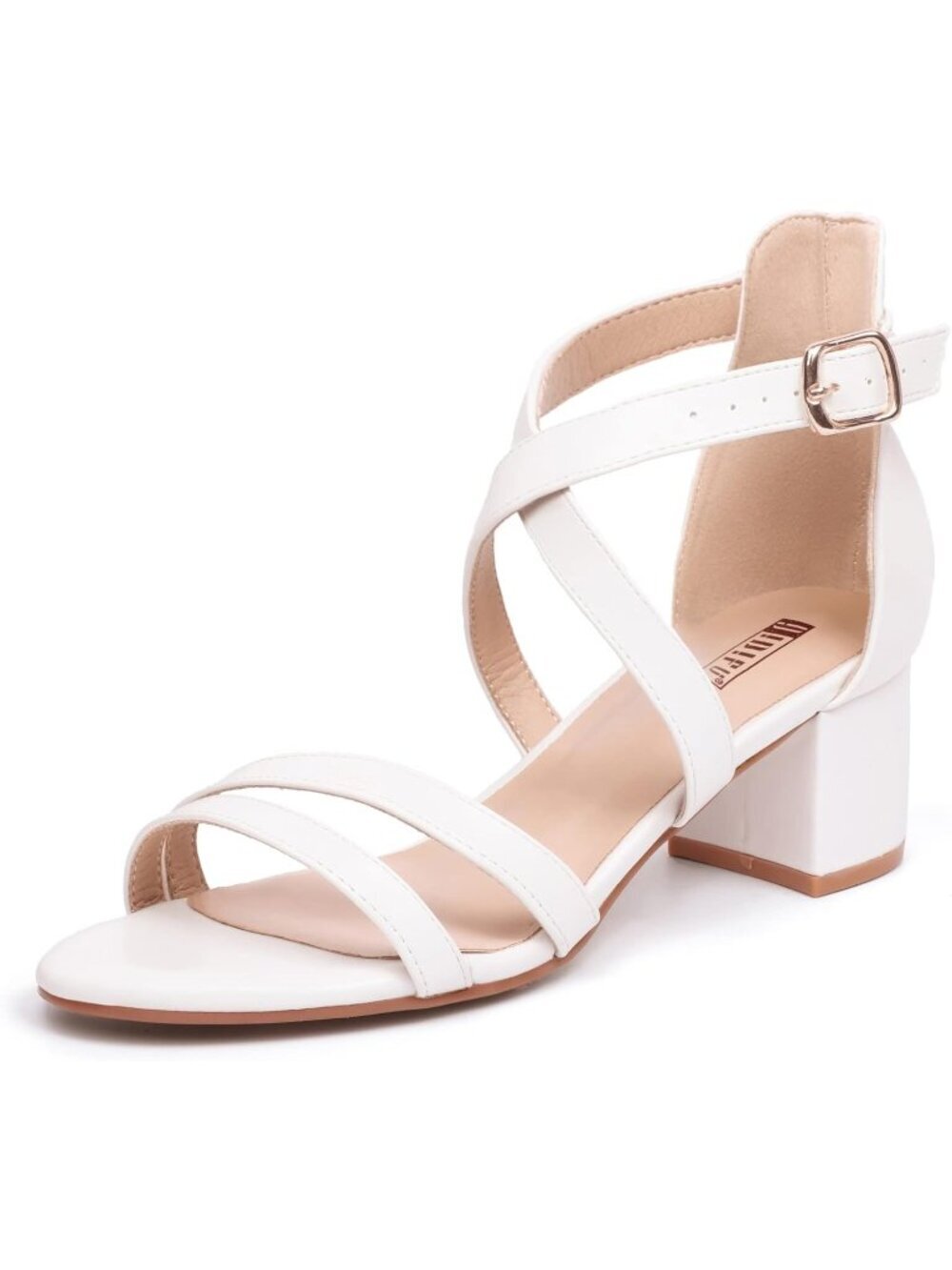 Women's White Pu Block Low Chunky Heel Open Toe Ankle Strap Dress Sandals